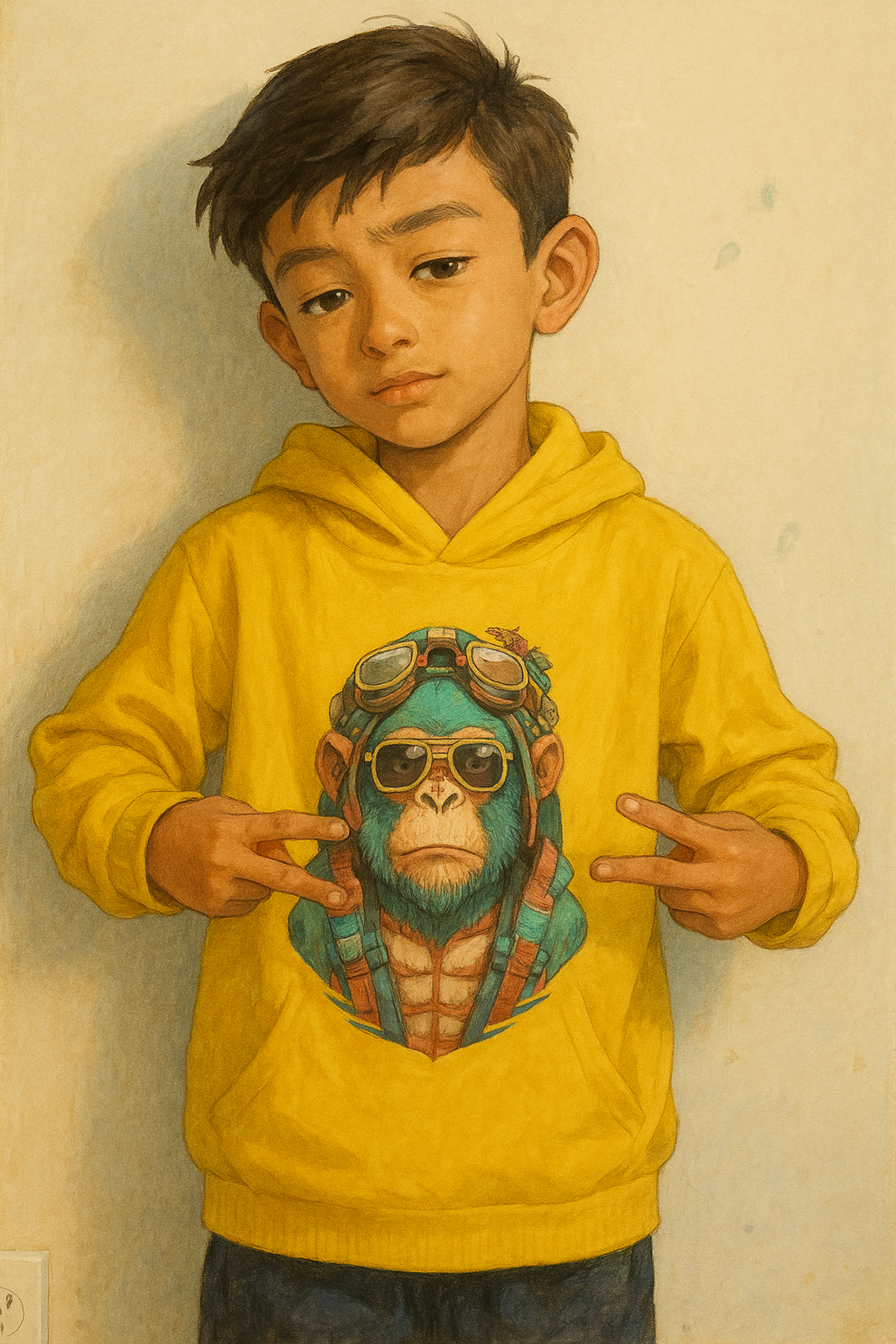 Ayaan in a yellow hoodie with monkey graphic